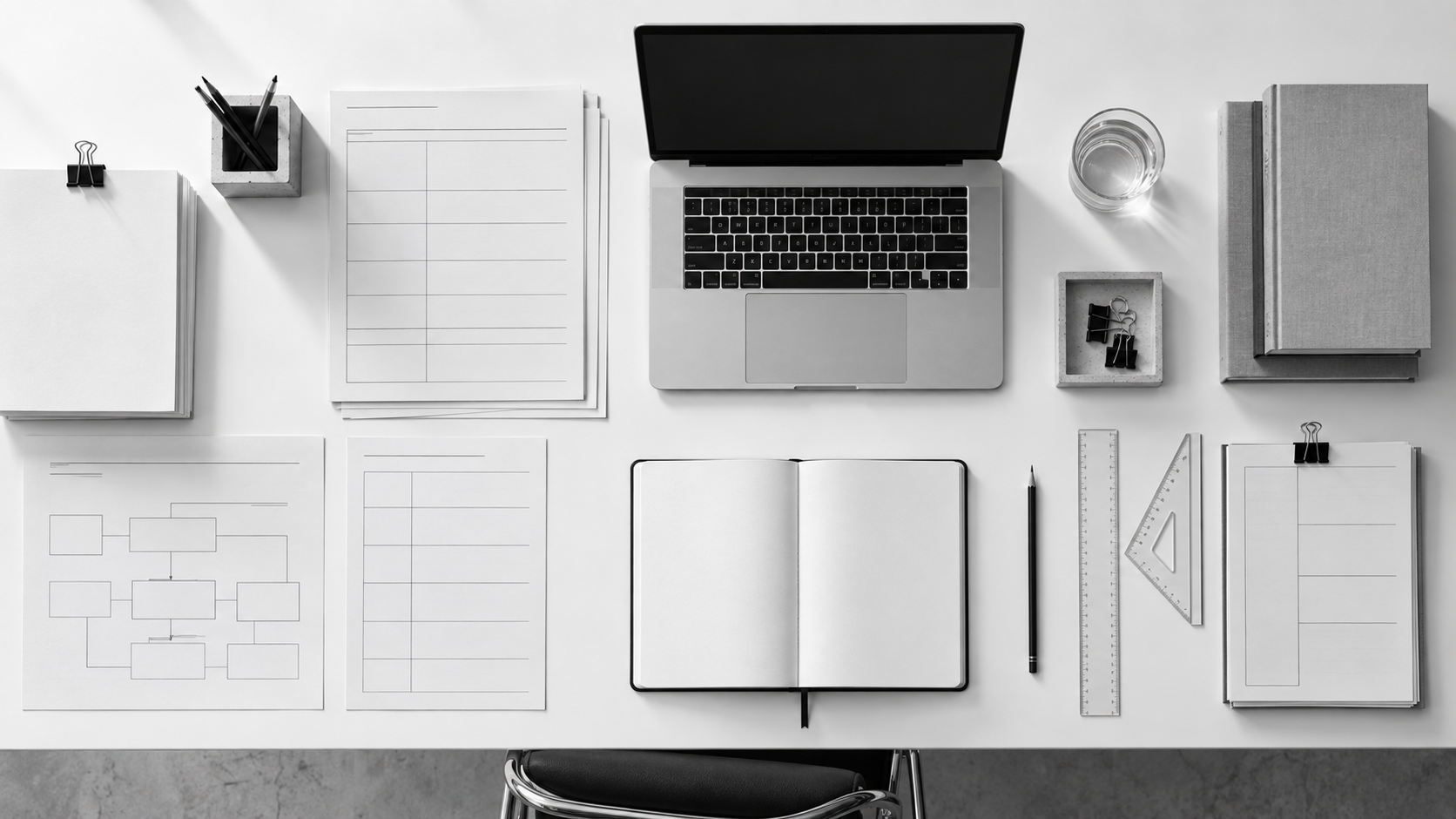 Monochrome course-development materials arranged on a precise work surface