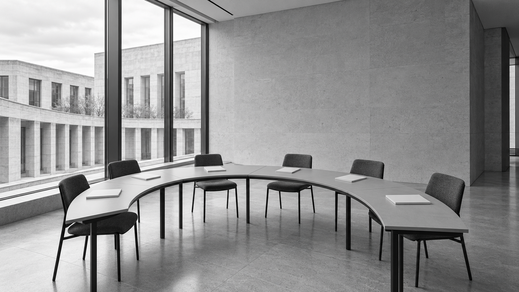 Monochrome small-group training room with learning materials