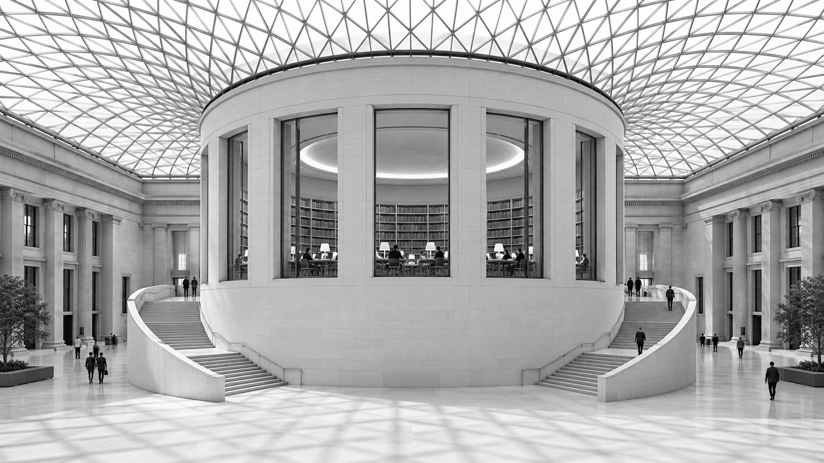 Monochrome academic rotunda with a circular reading room