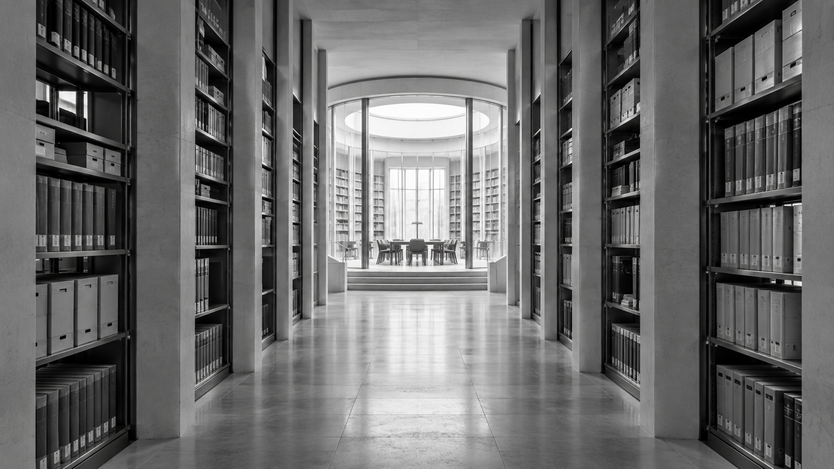 Monochrome archive corridor leading to a quiet study room