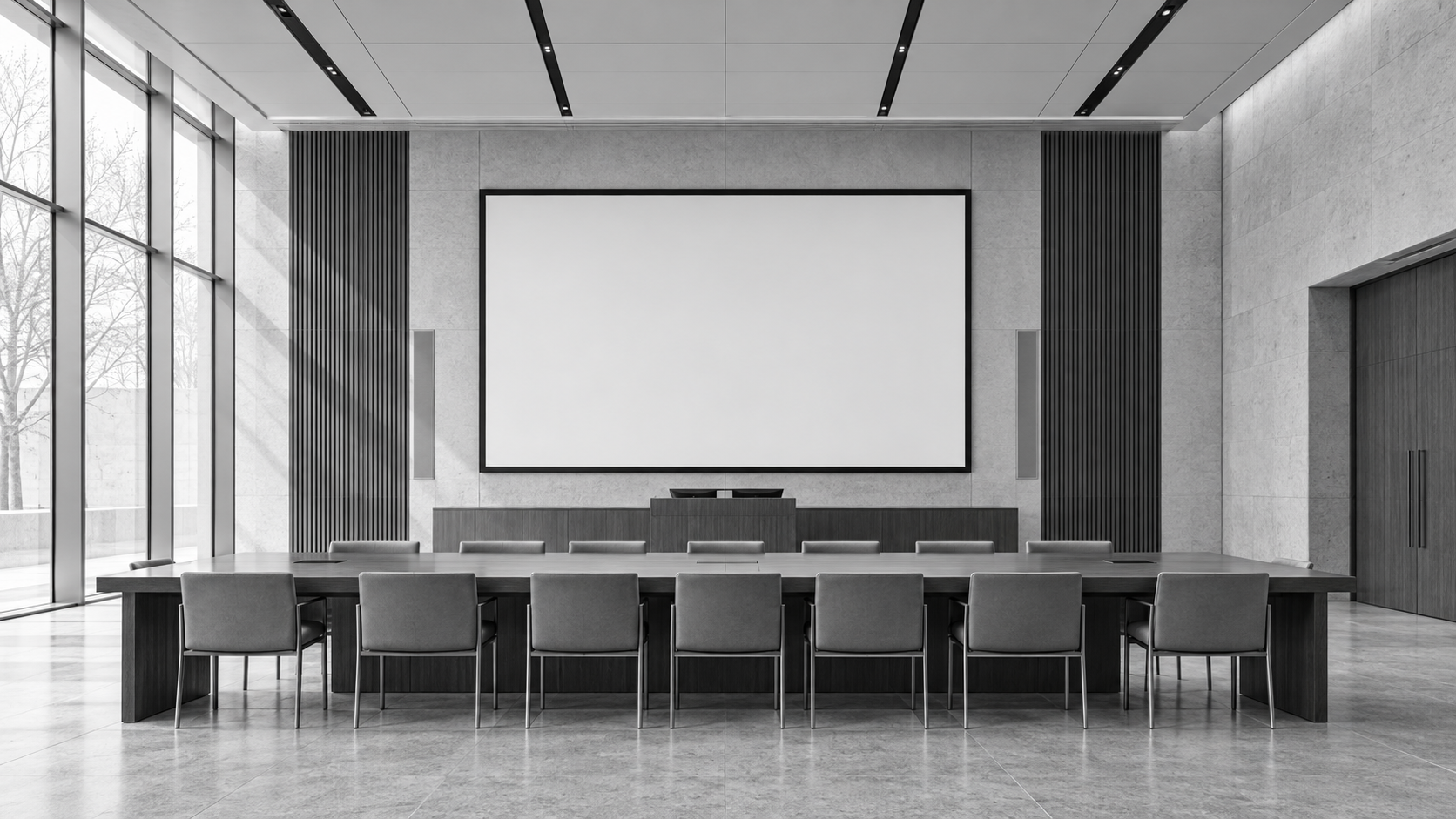 Monochrome virtual workshop studio with a large display and collaborative table